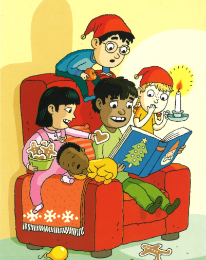 Joulukortti, jossa lapset lukevat kirjaa.